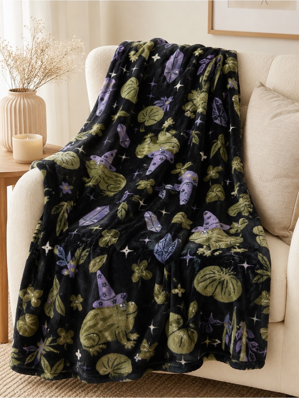 Olivia & Co Frog Witch Wizard Mushroom Halloween Oversized Velvet Plush Throw
